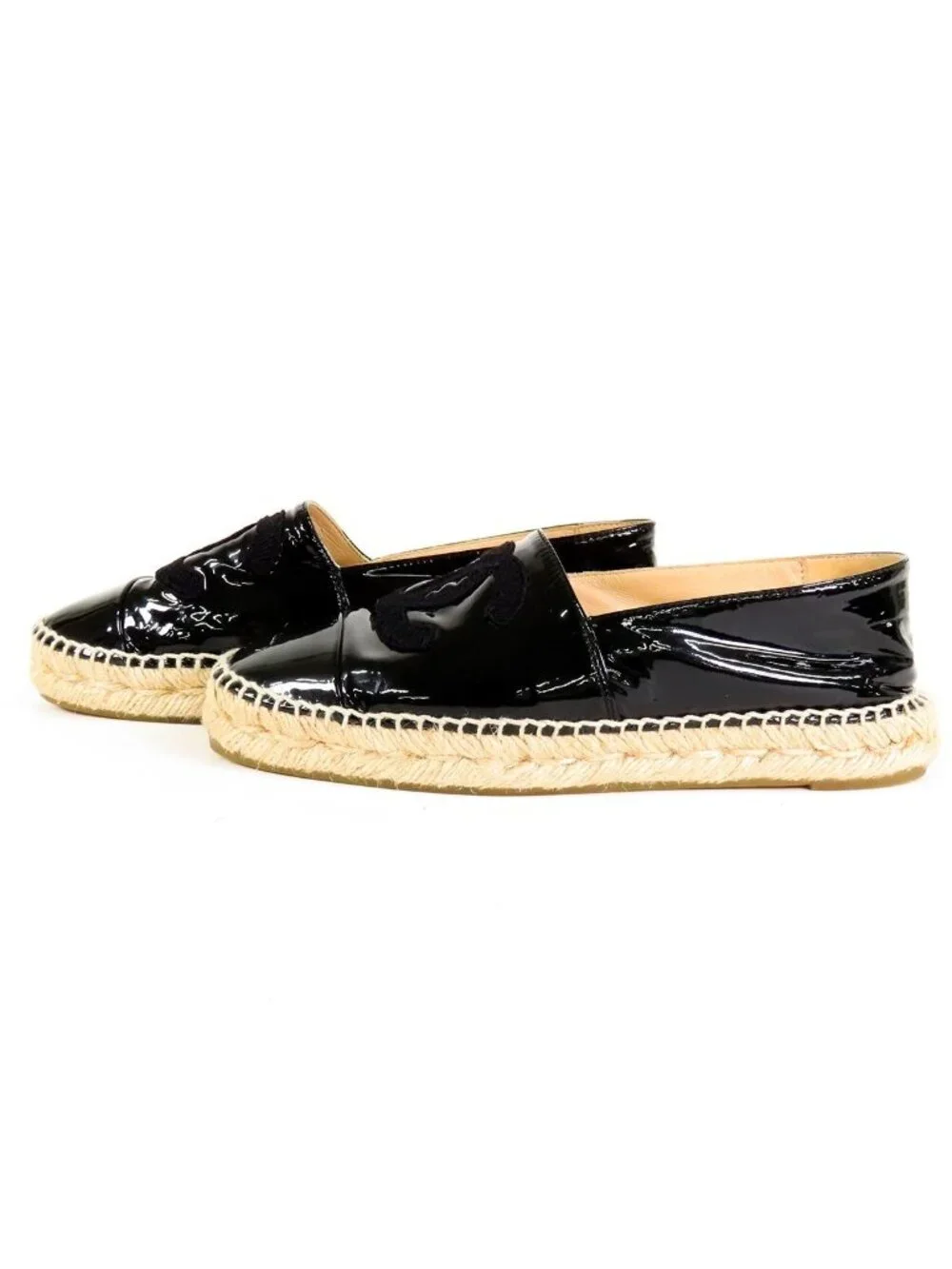 Chanel Espadrilles Black Patent Leather Jute CC Logo Slip-on